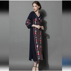 BOHO BLOSSOM MAXI CREPE Linen Blend Gauzy DRESS NAVY Floral EMBROIDERY Medium